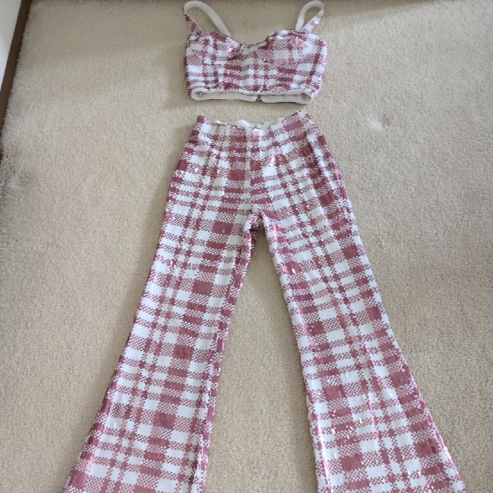 Dress the Population White And Pink Sequin Pant Set